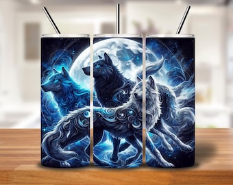 Lunar Guardians Wolf Tumbler Wrap | 20oz Sublimation PNG | Cosmic Wolves & Full Moon Fantasy Design