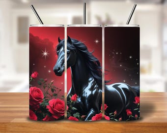 Black Stallion & Red Roses Tumbler Wrap | Gothic Sublimation PNG