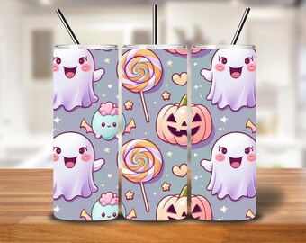 Kawaii Halloween Tumbler Wrap | Pastel Ghosts, Pumpkins & Candy PNG