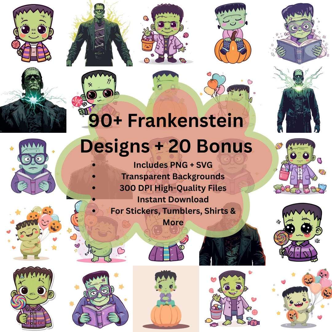 Frankenstein Clipart Bundle: Kawaii & Spooky Halloween Monster PNG SVG ...