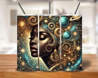 Celestial Goddess Tumbler Wrap: Afro Galaxy PNG Sublimation Design