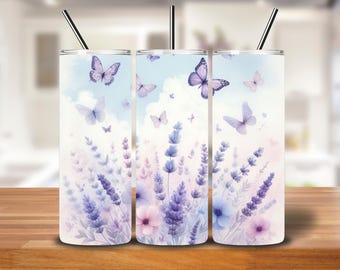 Butterfly and Lavender Floral Tumbler Wrap | Pastel Sky 20oz Seamless PNG