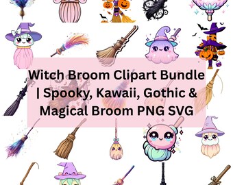 Witch Broom Clipart Bundle | Spooky, Kawaii, Gothic & Magical Broom PNG SVG | Halloween Digital Stickers