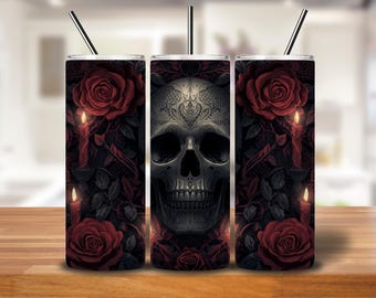 Gothic Skull & Red Roses Tumbler Wrap | Sublimation PNG