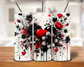 Gothic Heart Floral Tumbler Wrap | Red & Black Roses PNG