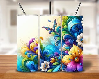 Color Burst Rainbow Floral Tumbler Wrap | 20oz Seamless Butterfly PNG