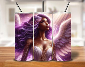 Purple Angel Tumbler Wrap: Afro Goddess PNG Design (Digital Download 20oz Skinny Tumbler Sublimation
