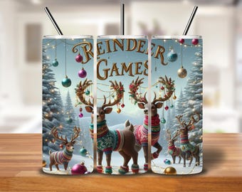 Reindeer Games Christmas Tumbler Wrap – Festive Reindeer & Ornament Scene PNG