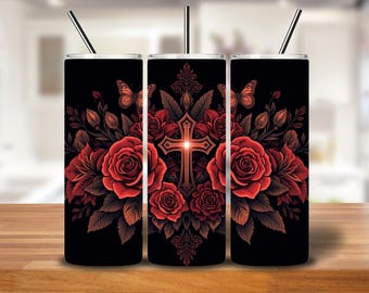 Red Rose Cross Tumbler Wrap | Tattoo-Inspired Floral & Faith Sublimation PNG