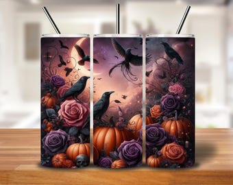 Wicked Harvest Tumbler Wrap: Gothic Pumpkin, Crow & Moon PNG (Digital Download)