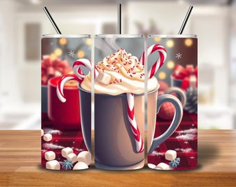 Hot Cocoa Christmas Tumbler Wrap – Peppermint Mug & Marshmallows PNG
