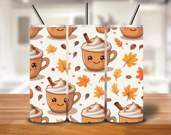 Pattern Title: Pumpkin Spice Cuties Tumbler Wrap | Cozy Fall Coffee & Leaves Design