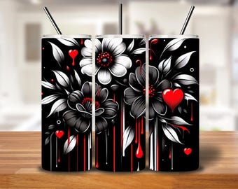 Gothic Floral Tumbler Wrap – Black & Red Dripping Heart Valentine PNG (Digital Download)