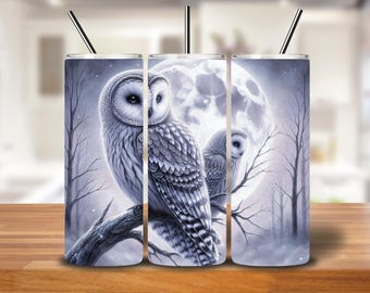 Owl Moonlight 20oz Tumbler Wrap | Winter Forest Full Moon Digital PNG for Sublimation