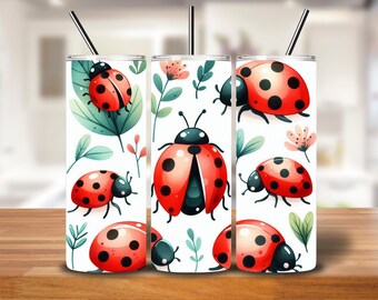 Ladybug Tumbler Wrap | 20oz Skinny Digital PNG, Cute Red & Black Ladybugs with Leaves and Flowers, Nature Insect Cup Design
