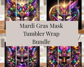 Mardi Gras Mask Tumbler Wrap Bundle | 4 Carnival-Themed PNGs for 20oz Tumblers
