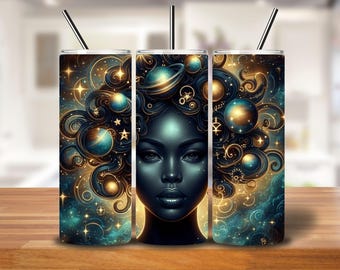 Afro Goddess Tumbler Wrap PNG: Celestial Black Woman Galaxy Hair Sublimation Design (Digital Download