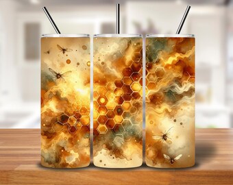 Honeybee Tumbler Wrap: Golden Honeycomb, Amber Smoke Art (Digital PNG)
