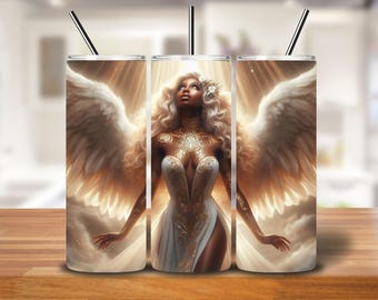Celestial Angel Tumbler Wrap: Ethereal Black Goddess PNG (Digital Download 20oz Skinny Tumbler Design)