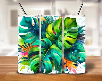 Monstera Leaf Tumbler Wrap: Vibrant Jungle PNG Design (20oz Digital Download)