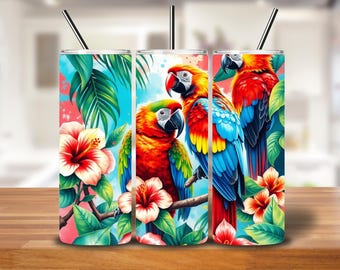 Tropical Parrot Tumbler Wrap – Rainbow Feathers & Hibiscus Flowers (Digital PNG)