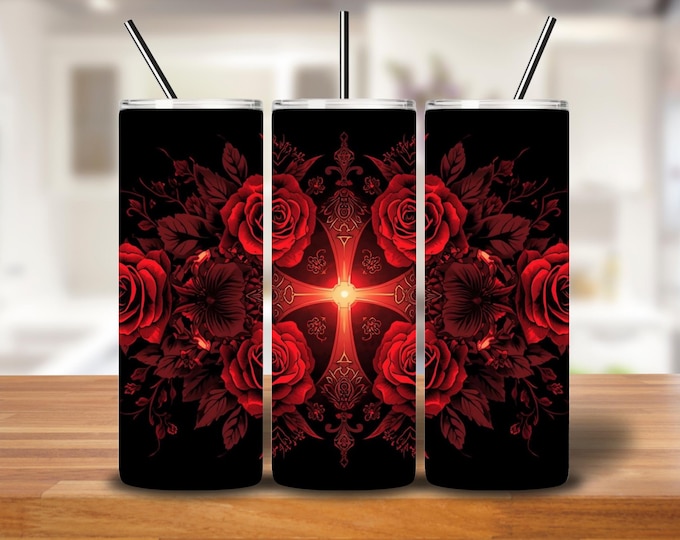 Featured listing image: Red Floral Cross Tumbler Wrap | Gothic Tattoo-Inspired Roses & Cross PNG