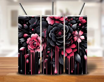Gothic Rose Tumbler Wrap | Black & Crimson Dripping Flowers PNG for 20oz Skinny Tumblers