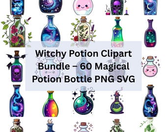 Download Witchy Potion Clipart Bundle – 60 Potion Bottle PNG SVG Digital Illustrations