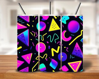 90s Neon Tumbler Wrap: Retro Geometric PNG (Digital Download)