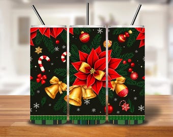 Christmas Tumbler Pattern Bundle | Holiday Seamless Plaid & Ornament Wraps | PNG