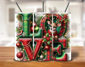 LOVE Christmas Reindeer PNG | Plaid Holiday Wrap Design for Sublimation