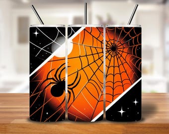 Halloween Spider Web Tumbler Wrap: Orange & Black Sublimation Design (PNG)