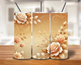 Elegant Gold Rose Floral Tumbler Wrap | 20oz Seamless PNG