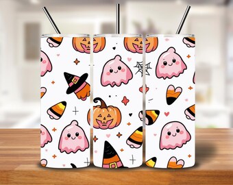 Spooky Cute Collage Tumbler Wrap | Pastel Ghost & Pumpkin PNG Design for 20oz Skinny Tumblers