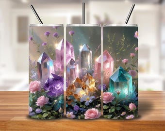 Crystal Garden Tumbler Wrap: Amethyst, Rose Quartz & Floral PNG (Digital Download)