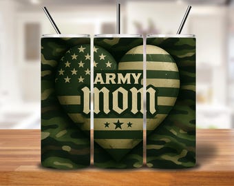 Army Mom Heart Camo Tumbler Wrap | 20oz Military Flag PNG for Sublimation