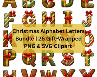 Christmas Alphabet Letters Bundle | Festive Gift-Wrapped PNG & SVG Clipart