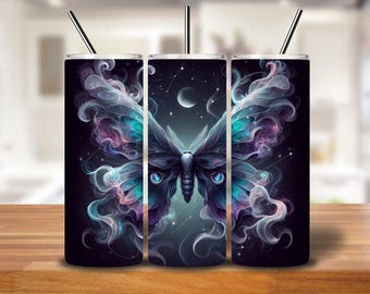 Cosmic Moth Tumbler Wrap: Teal Purple Smoke Art (Digital PNG 20oz Skinny Tumbler Design)