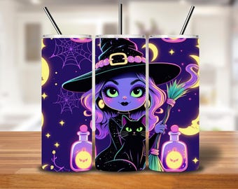 Witchy Vibes Tumbler Wrap: Gothic Witch & Black Cat PNG (Digital Download)