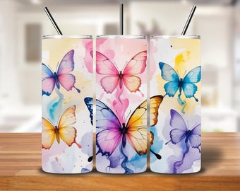 Watercolor Butterfly Tumbler Wrap: Pink, Blue, Lilac (20oz Skinny PNG Digital Download