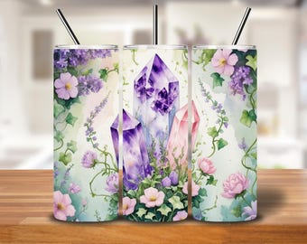 Crystal Garden Tumbler Wrap: Amethyst, Rose Quartz & Floral PNG (Digital Download)