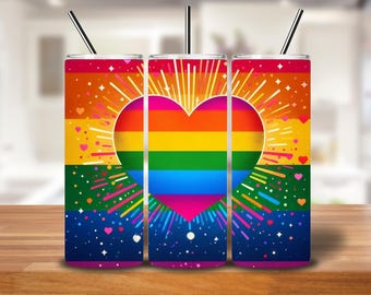 Rainbow Heart Burst Pride Tumbler Wrap | LGBTQ+ Digital PNG Design