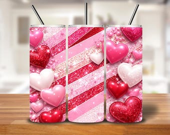 Pink Red White 3D Heart Glitter Stripe Wrap PNG | Valentine Hearts Background | Skinny Tumbler Digital Download