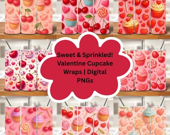 Kawaii Cupcake Tumbler Wraps: Cherry Heart PNGs (Digital Download, 9.3x8.2 in