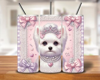 Princess Pup 20oz Tumbler Wrap | Maltese Dog with Tiara, Pearls & Bows PNG for Sublimation