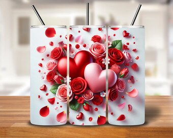 Romantic Heart & Rose Floral Tumbler Wrap | 20oz Seamless PNG