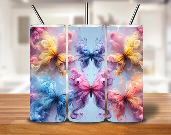 Butterfly Tumbler Wrap: Smoke Art Design, Pink Yellow Blue (20oz Skinny PNG Digital Download)