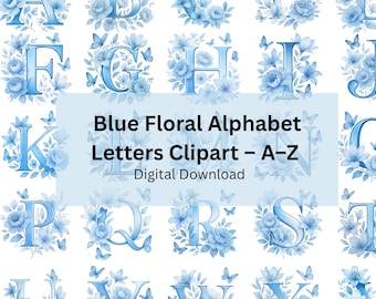 Download Blue Floral Alphabet Letters Clipart – A–Z Botanical Monogram PNG SVG Digital Files