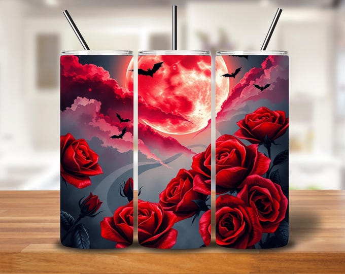 Featured listing image: Blood Moon Roses Gothic Tumbler Wrap | Red Roses & Fantasy Moon Seamless PNG
