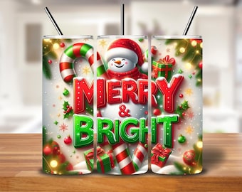 MERRY & BRIGHT Christmas PNG | Snowman and Candy Cane Holiday Wrap